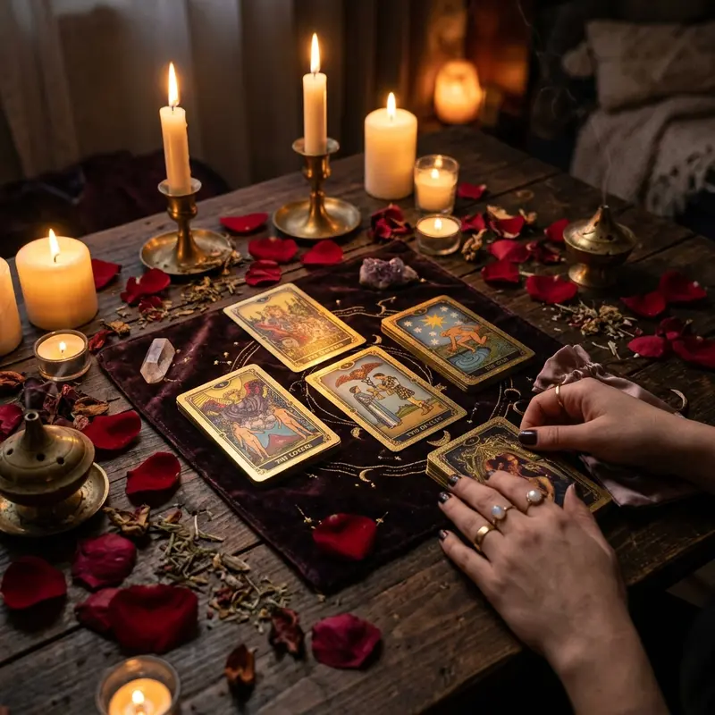 Mystical love tarot cards reading layout illuminated by warm candles