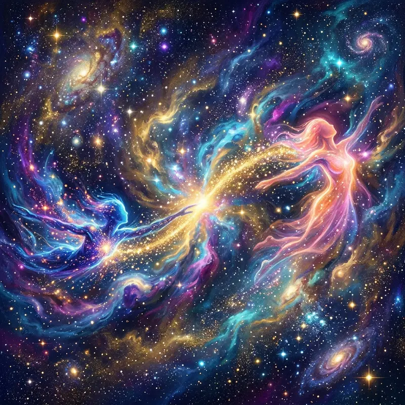 Mystical cosmic art showing two souls connecting through a bridge of golden stardust