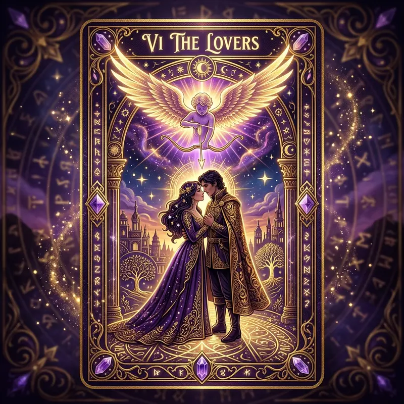 Modern artistic Lovers tarot card design in golden and purple colors