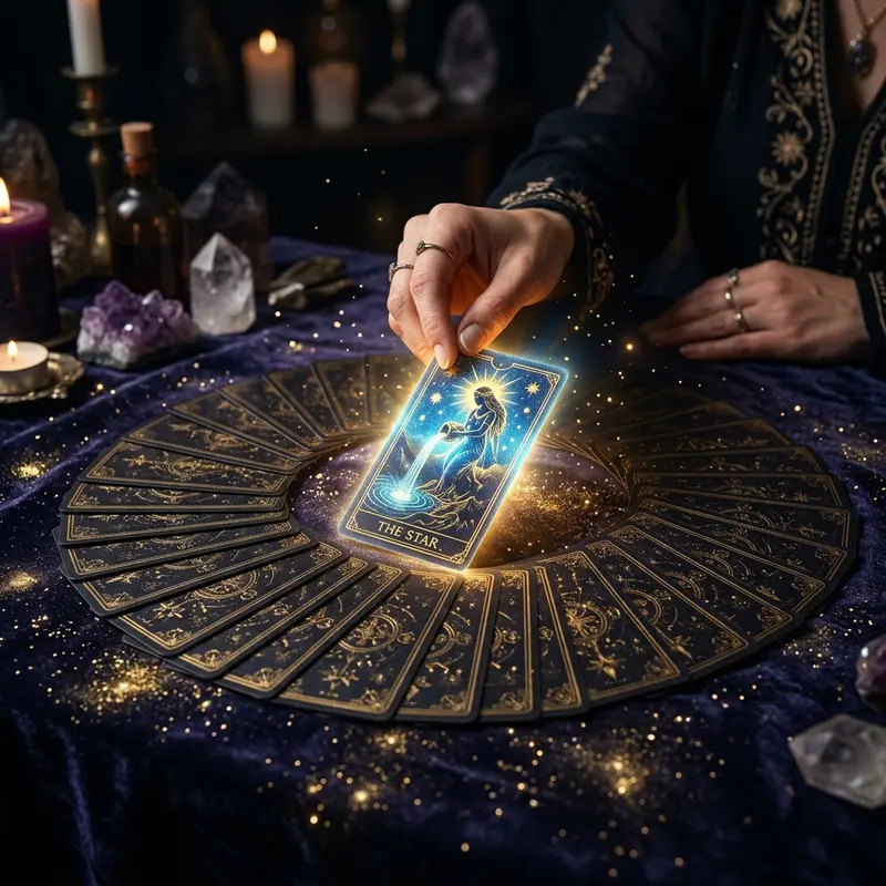Close-up of a hand drawing a glowing tarot card from a deck on a dark velvet tablecloth