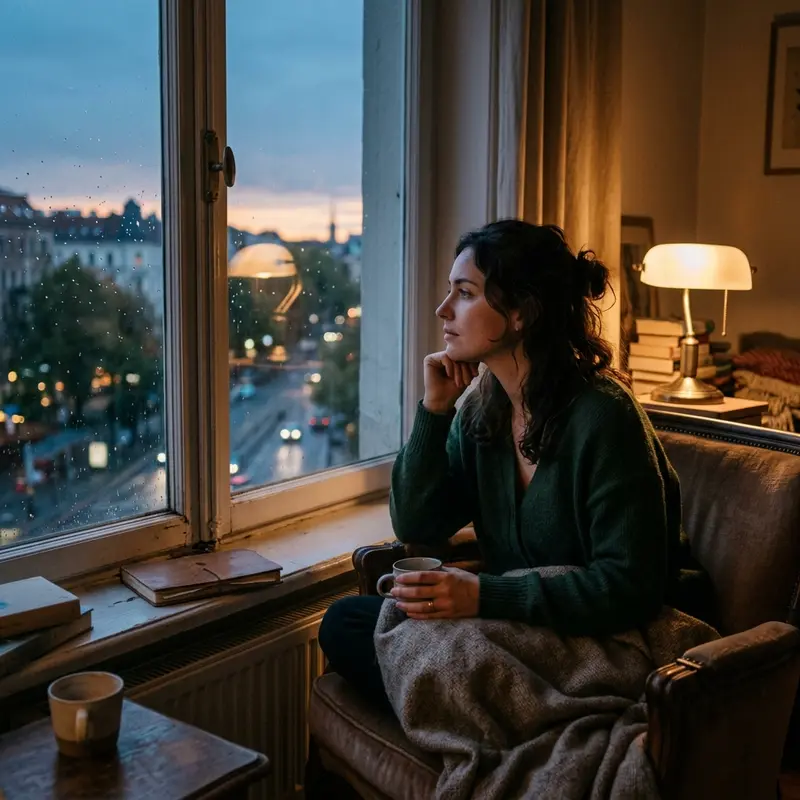 Introspective woman reflecting on love and relationships by a window at sunset