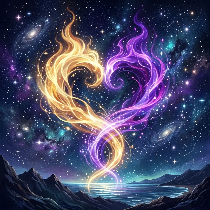 Duas chamas cósmicas dançando e se entrelaçando sob um céu estrelado místico, simbolizando o Tarot de Chamas Gêmeas