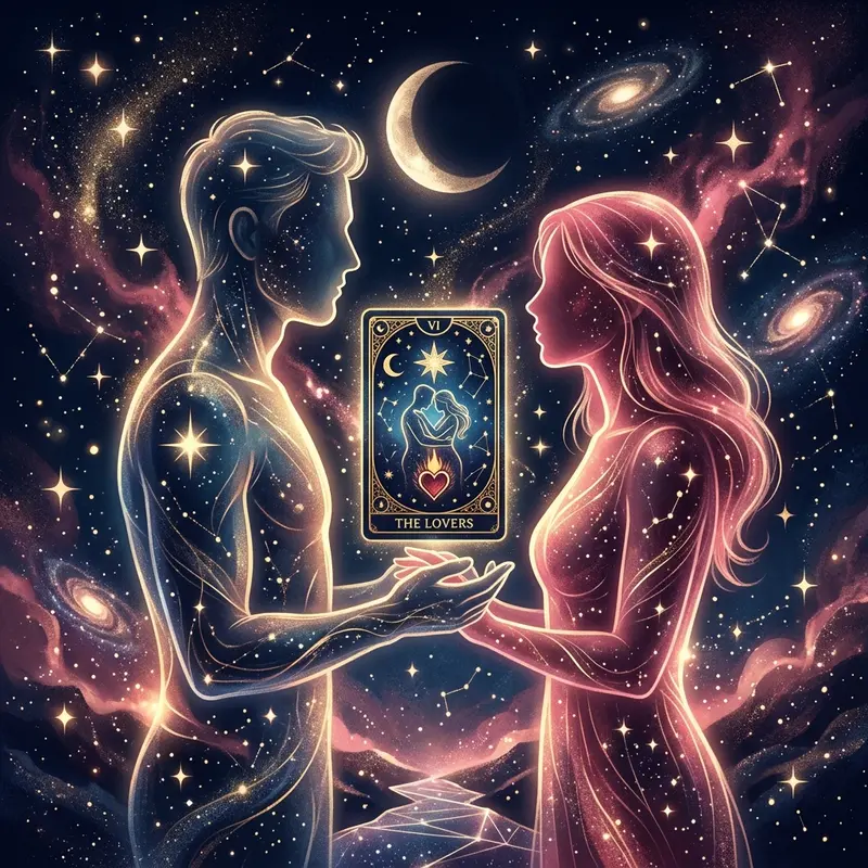 Mystical illustration of two silhouettes facing each other with a glowing tarot card floating between them, symbolizing reconciliation questions