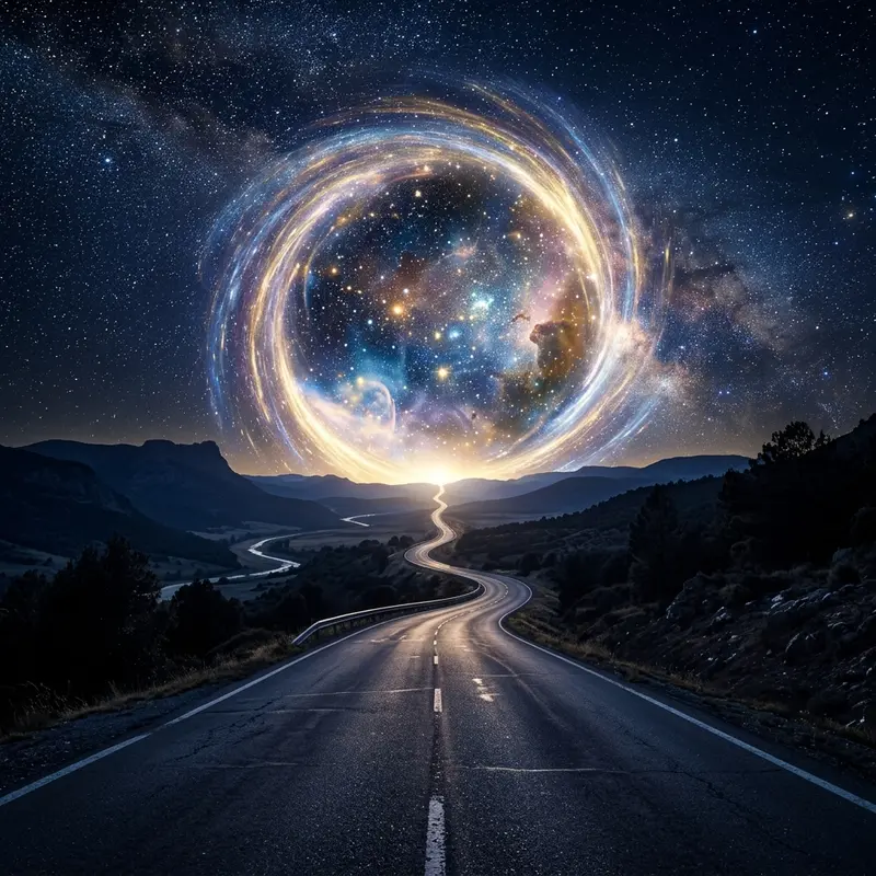 Caminho místico estendendo-se sob um portal cósmico no universo rumo ao destino das chamas gêmeas