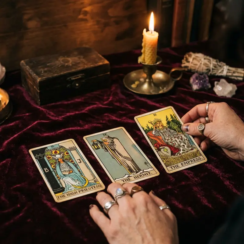 Hand laying down three tarot cards on a rich burgundy velvet tablecloth in a candlelit mystical setting