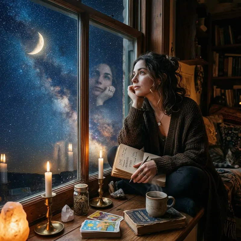 Introspective person looking out a window at night under a starry sky, reflecting on love memories