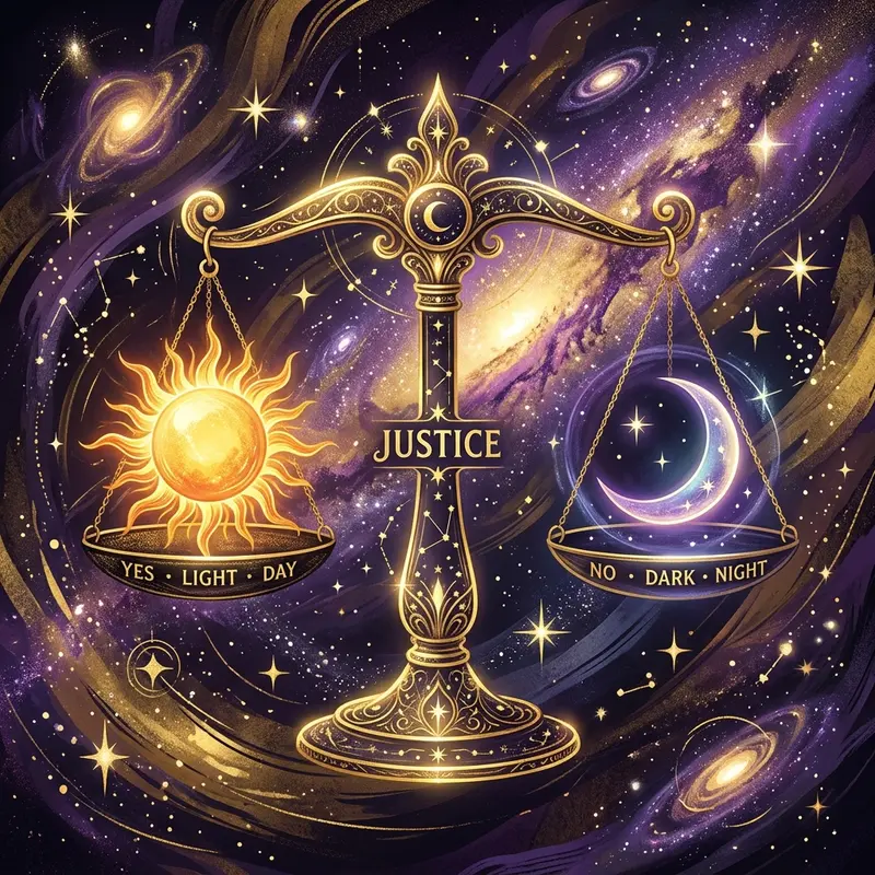 Golden scale balancing a sun and a moon in a mystical cosmic setting, representing yes or no answers and balance
