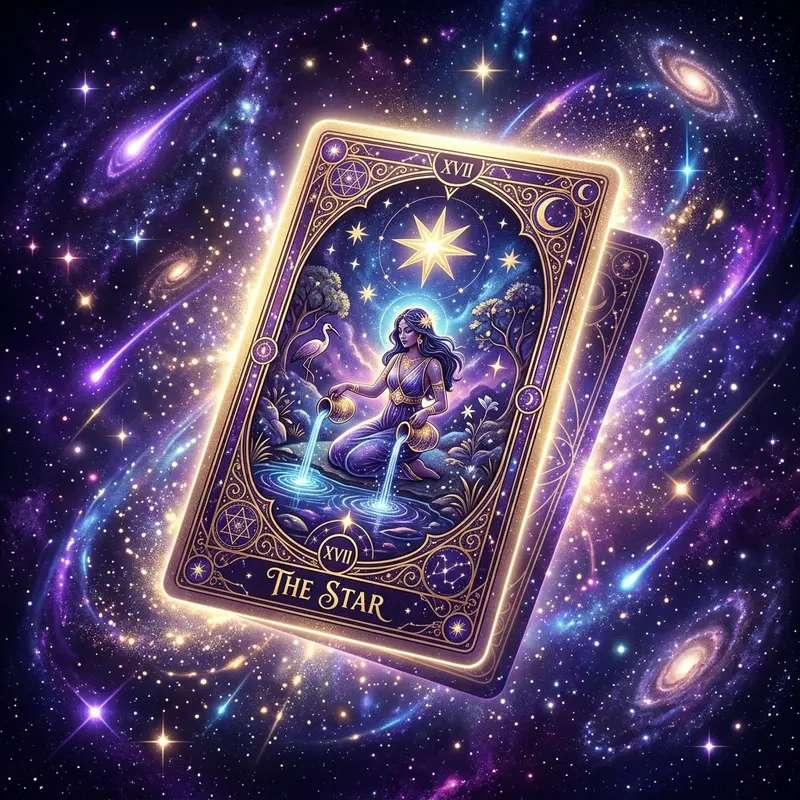 A single glowing tarot card floating in cosmic space, representing clarity and direct answers in life choices
