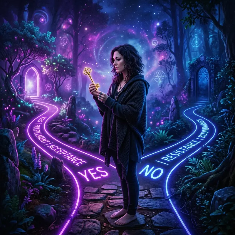Contemplative silhouette looking at a golden key and a diverging path in a neon landscape, representing choice fatigue