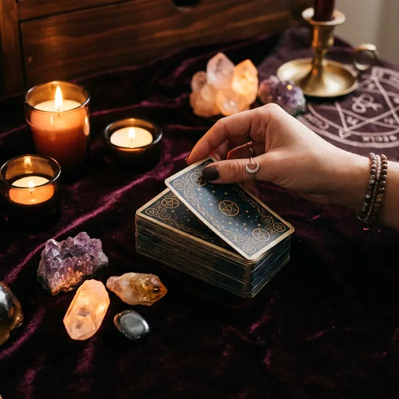 Hand drawing a tarot card on a dark table surrounded by warm candles and crystals, capturing the intuitive moment
