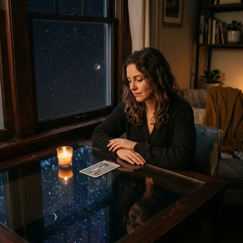 Quiet room at night with a person reflecting over tarot cards under soft moonlight, representing introspection