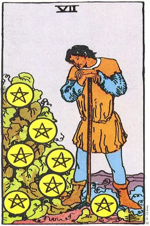 Meaning of card Seven of Pentacles - Free Tarot at Tarot Center Card Seven of Pentacles at Tarot Center - Free Tarot