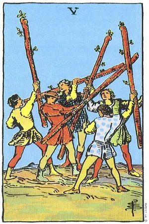 Meaning of card Five of Wands - Free Tarot at Tarot Center Card Five of Wands at Tarot Center - Free Tarot